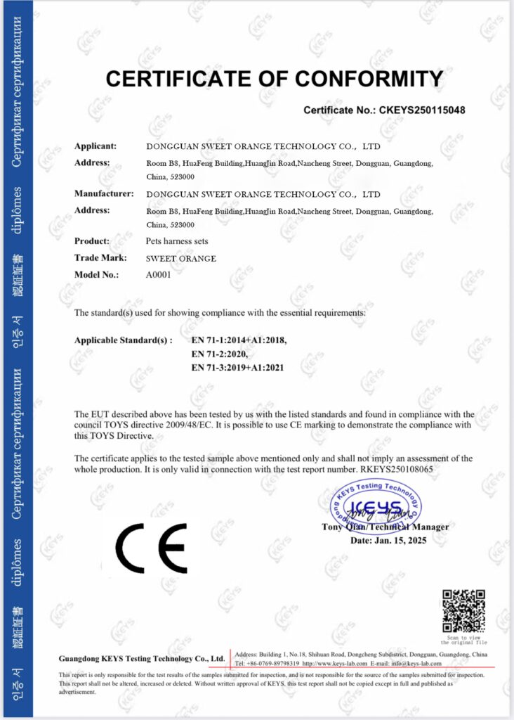CE conformity certificate for dog collars, reliable pet product supplier for Europe