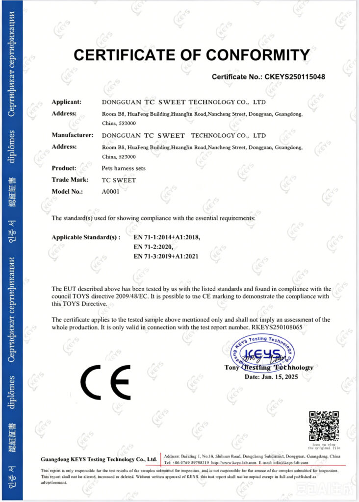 CE certified dog harness compliance document for EU market